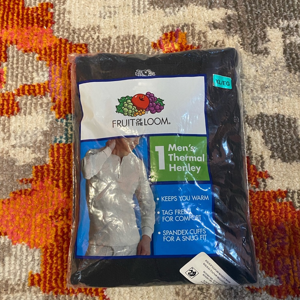 Fruit of the Loom Men's Thermal Henley size XL/EG Black still in packaging.